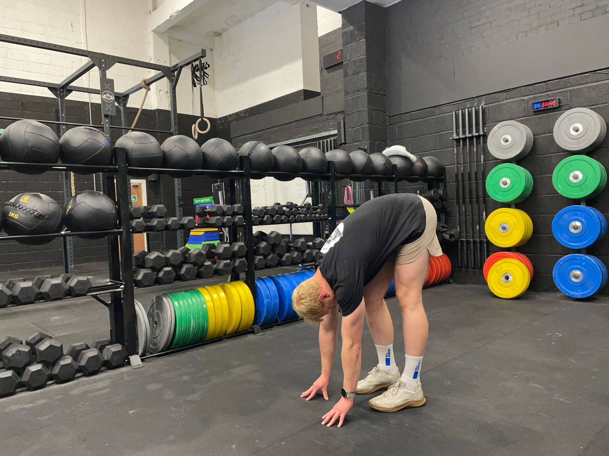 Exercise writer, Harry Bullmore, who stretches elephant legs